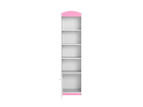 2. Front view of Babydreams single shelf with pink accents, showing open and closed shelves on a white background