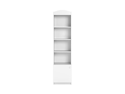 5. Front view of Babydreams single shelf in white, featuring open and closed shelves, on a white background