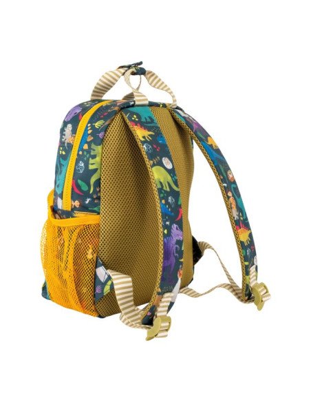 2. Back view of children's dinosaur backpack showing padded, adjustable shoulder straps and colorful dinosaur print