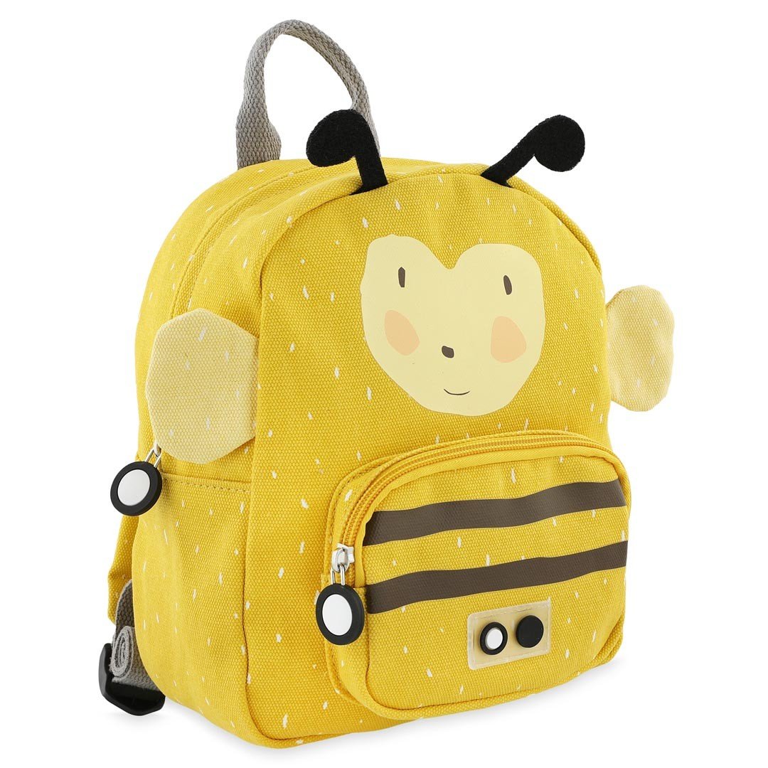 7. Side view of Mr. Bumblebee backpack with bee face, antennae, and front pocket