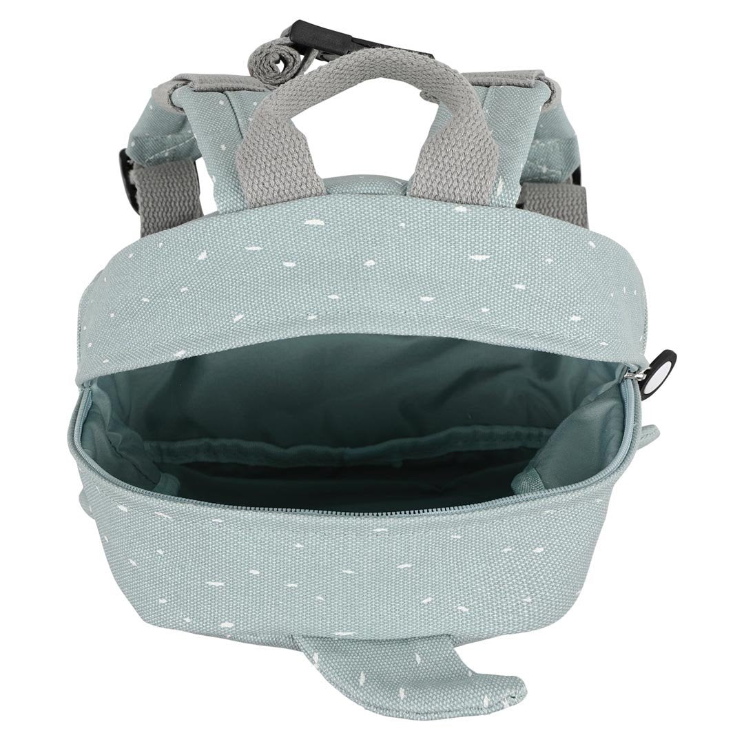 3. Open view of grey shark-themed backpack showing spacious interior and zipper