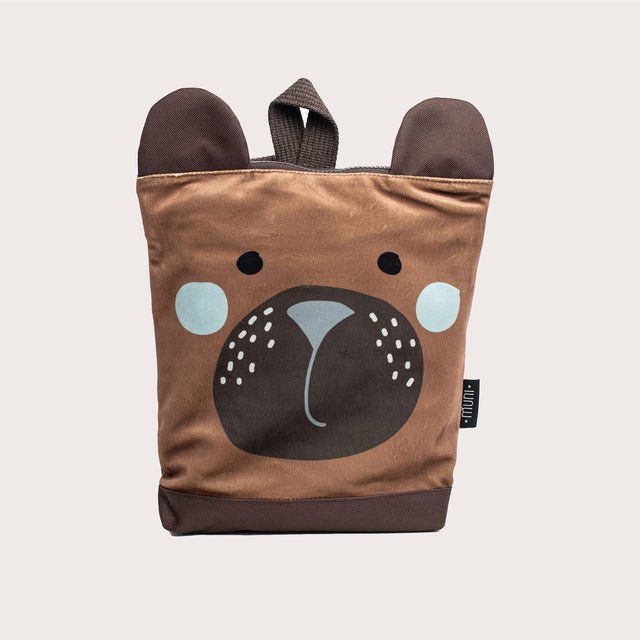 10. Studio shot of Muni kids bear backpack, front view highlighting bear face design and velvet fabric