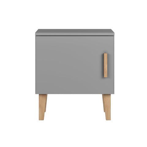 2. Grey bedside table with solid oak legs and handle, shown from front in studio setting