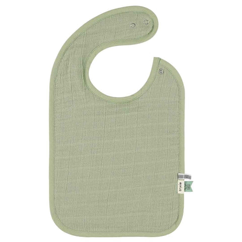 2. Single Trixie Baby bib in solid light green muslin with adjustable snaps, shown on a white background