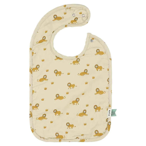 4. Baby bib with lively lion print on beige background, featuring adjustable snaps and organic cotton material