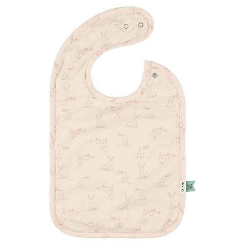 4. Single Trixie Baby bib with Rosy Rabbit print on cream background, featuring adjustable snaps, made from organic cotton