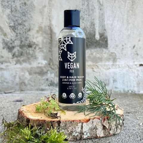 3. Vegan Fox Body & Hair Wash 2in1 for Men, 200ml, showcased on a wooden slab with natural elements, emphasizing vegan and cruelty-free attributes