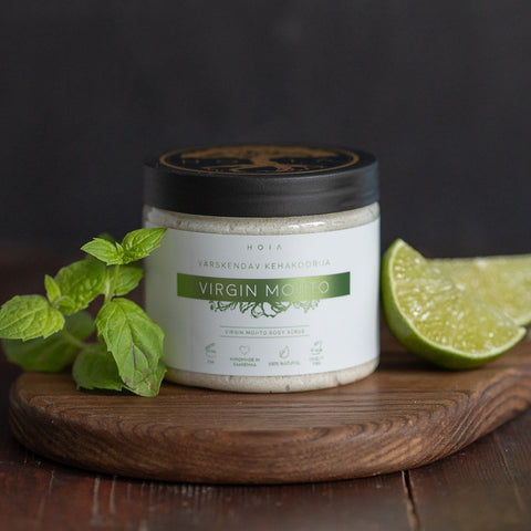 1. HOIA homespa Virgin Mojito Body Scrub jar with lime and mint leaves, showcasing natural ingredients and refreshing scent