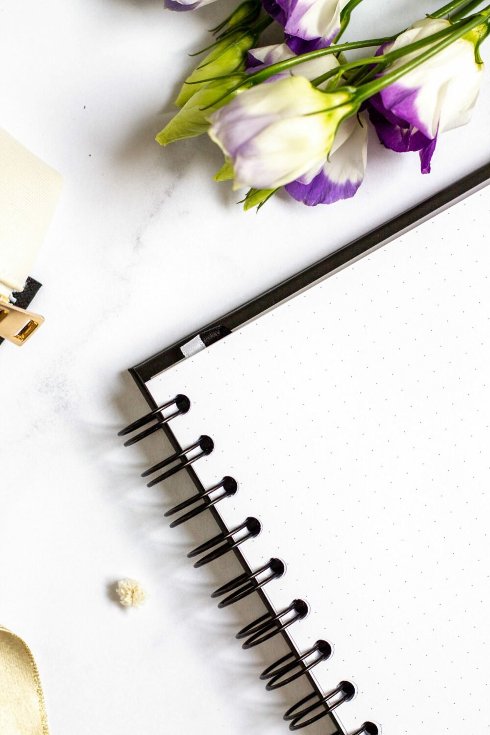 5. Close-up of SEIK Premium Dream Plan Do Notebook's spiral binding and dot-grid pages with floral accents