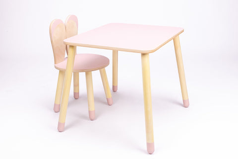 2. Pink wooden bunny chair and table set for kids, natural birch legs, studio background