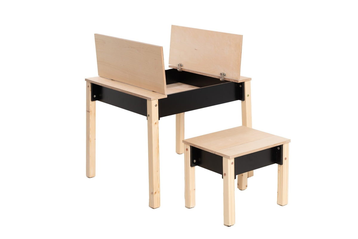 2. Studio shot of children's smart storage table and chair set in light wood and grey, closed storage compartments