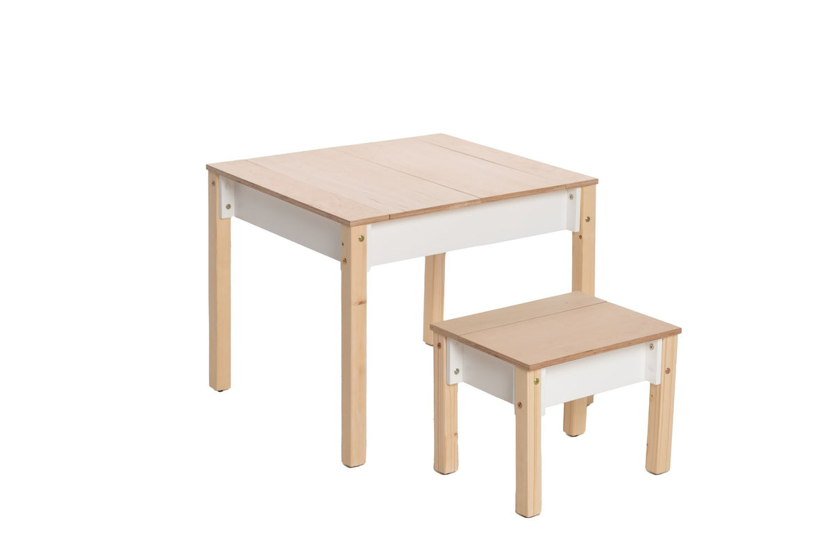 2. Studio shot of children's smart storage table and chair set in light wood and white, closed storage compartments