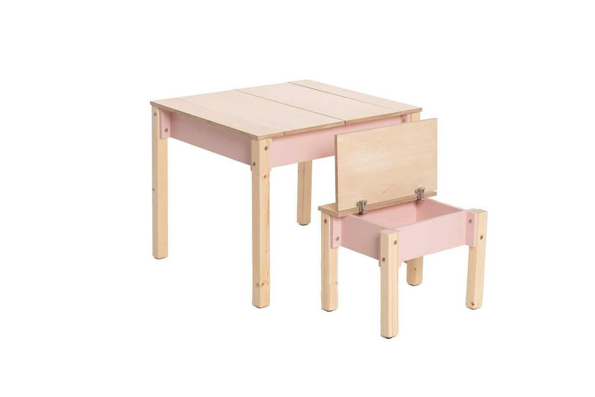 2. Studio shot of children's smart storage table and chair set in light wood, closed storage compartments