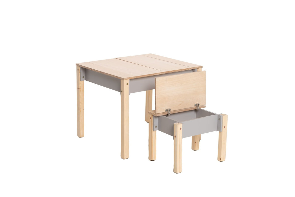 16. Grey and natural wood children's table and chair set with open storage on white background