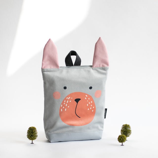 6. Close-up of Muni Bunny kids backpack, showing detailed bunny face design