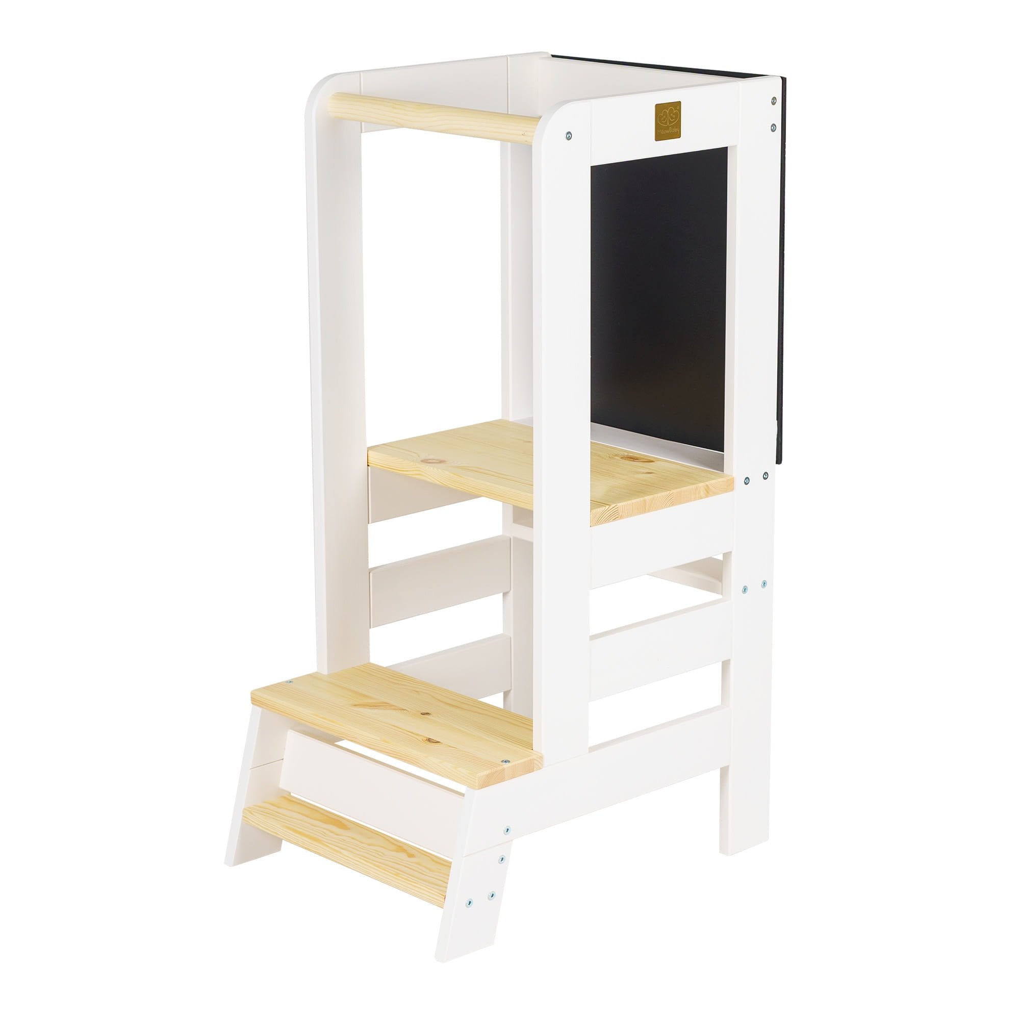 2. MeowBaby wooden kitchen helper for children in white and natural pine wood with adjustable platform and blackboard side panel, shown in studio setting