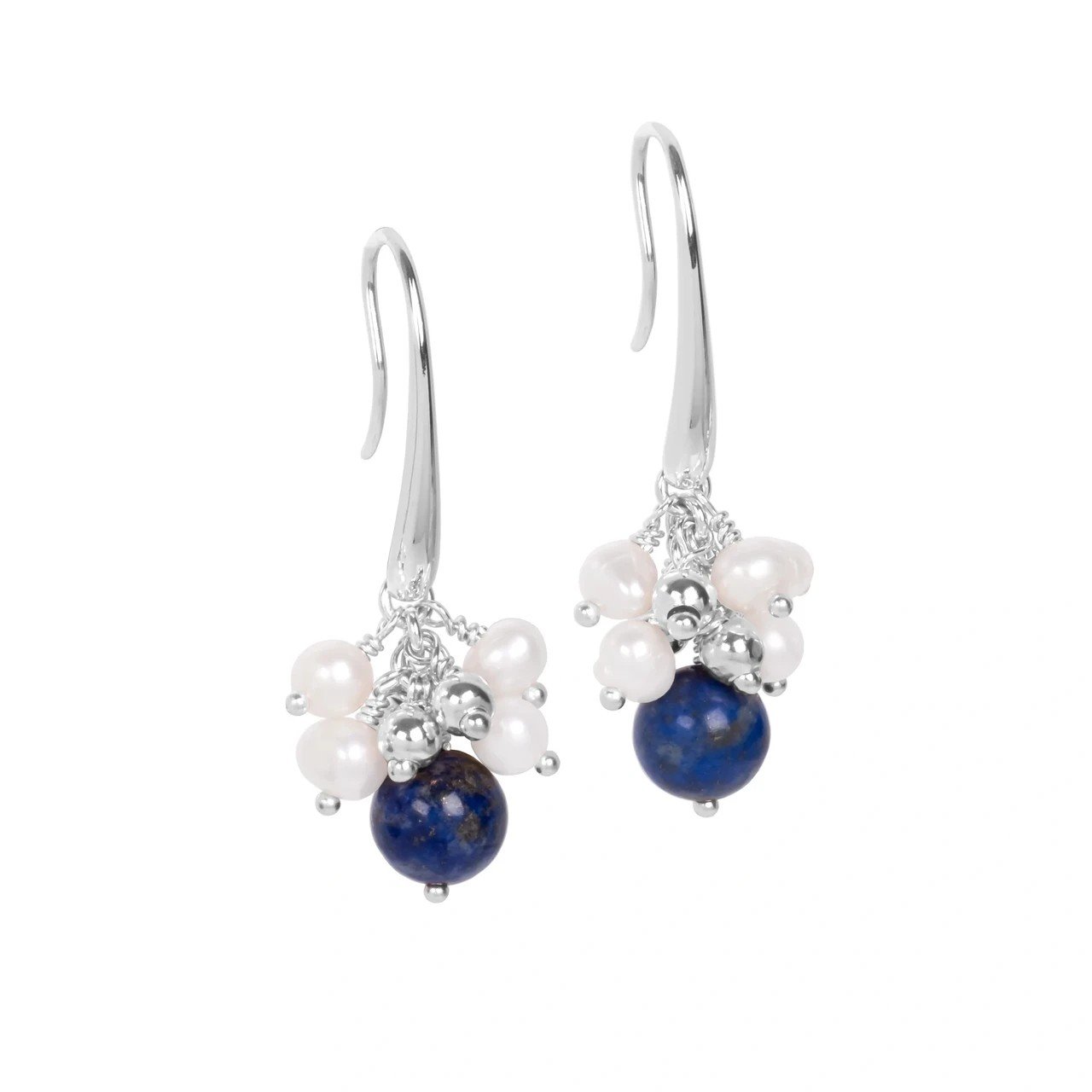 1. MyaMoon Cherie Lustre Earrings in silver with freshwater pearls and blue stones, studio shot