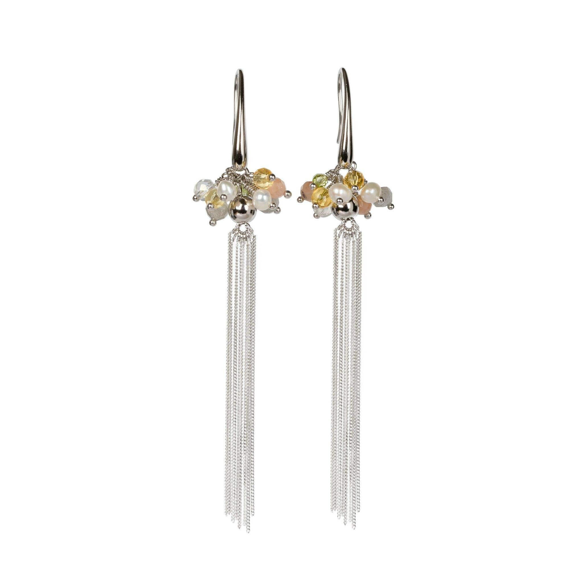 1. MyaMoon Cherie Color Tassel Earrings in silver with garnet and onyx pearl clusters, studio shot