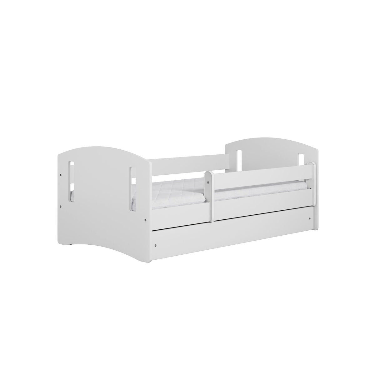 2. White children's bed with removable guardrail and rounded edges in studio setting