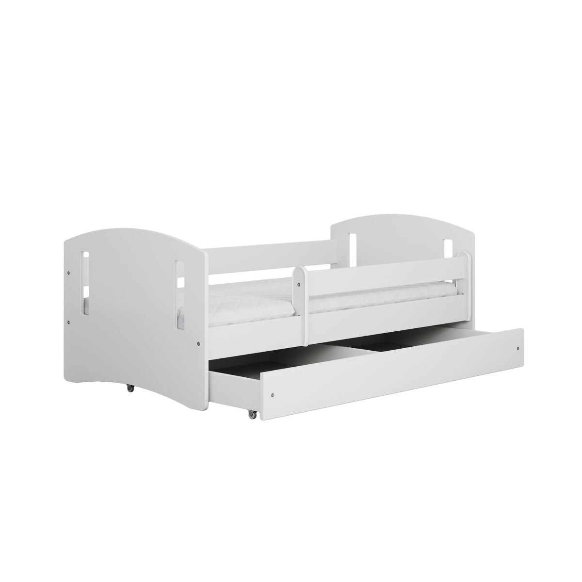 2. White children's bed with pull-out storage drawer and guardrail in studio setting