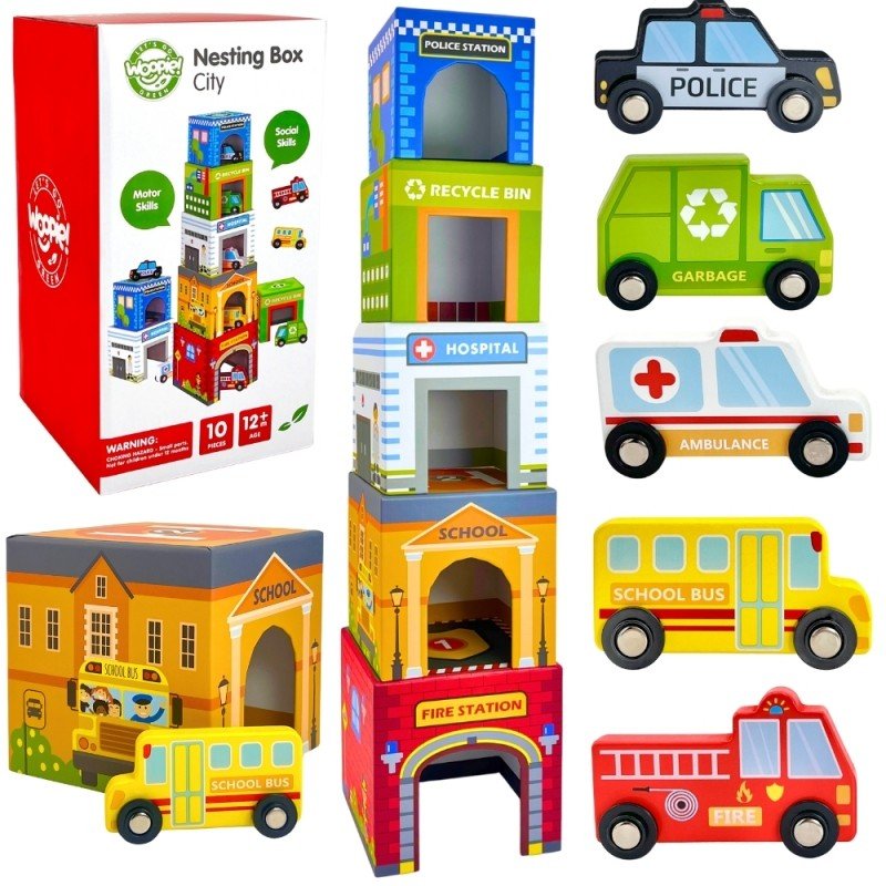 11. Box set of colorful city-themed puzzle cubes with wooden vehicles including police car and ambulance