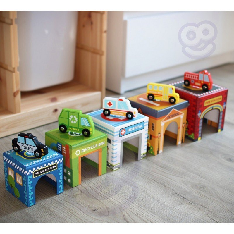 5. Colorful city-themed puzzle cubes with wooden vehicles including police car, ambulance, and fire truck