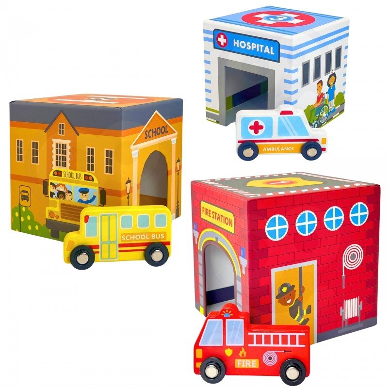 15. Colorful city-themed puzzle cubes with wooden vehicles including school bus and fire truck