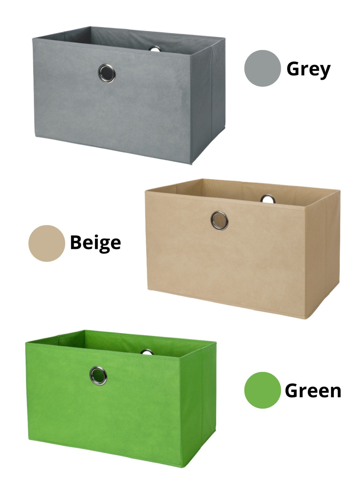 8. Fabric laundry baskets in grey, beige, and green colors