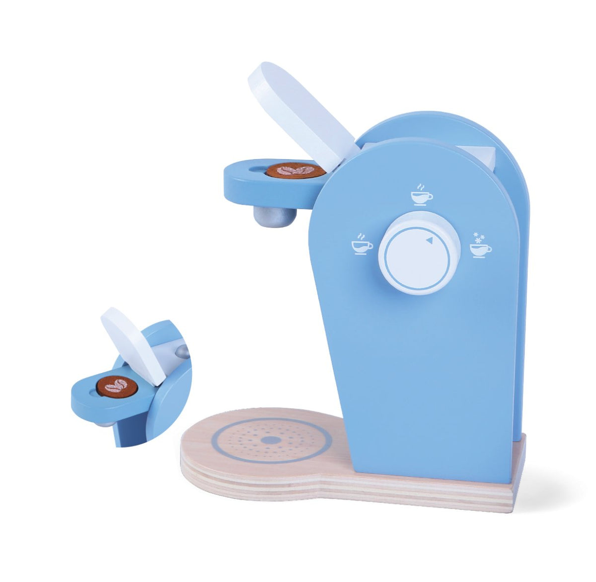 2. Blue wooden coffee machine with open lid and coffee pod, shown on black background