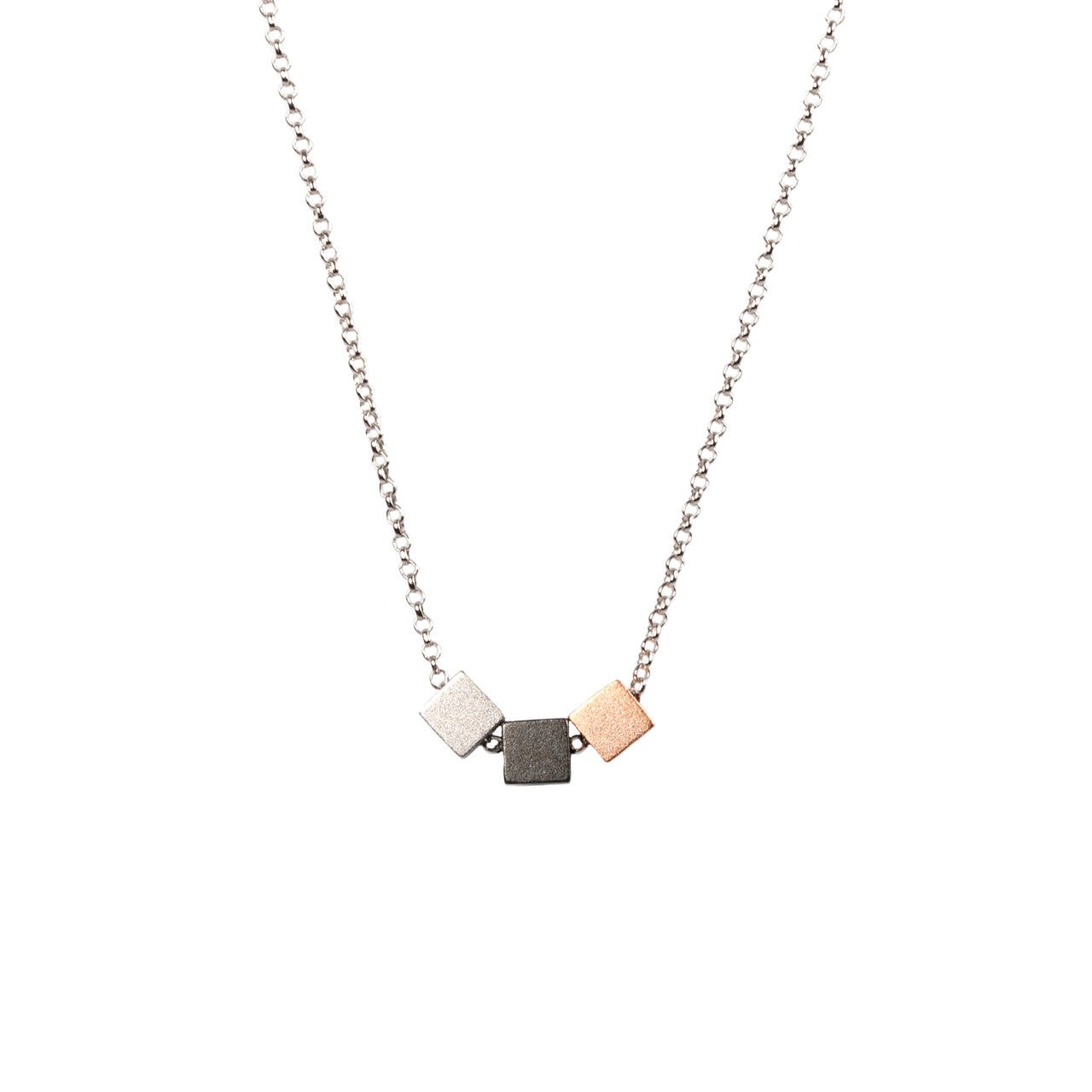 1. MyaMoon Satin Cube Choker in rhodium and rose gold plating, featuring 925 silver chain with cube accents, shown in studio