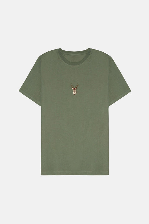 2. Studio image of unisex khaki Deer T-shirt by Sossu, highlighting embroidered deer design on chest