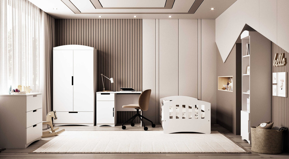 1. Spacious child's room with white Kocot Kids desk, wardrobe, and crib