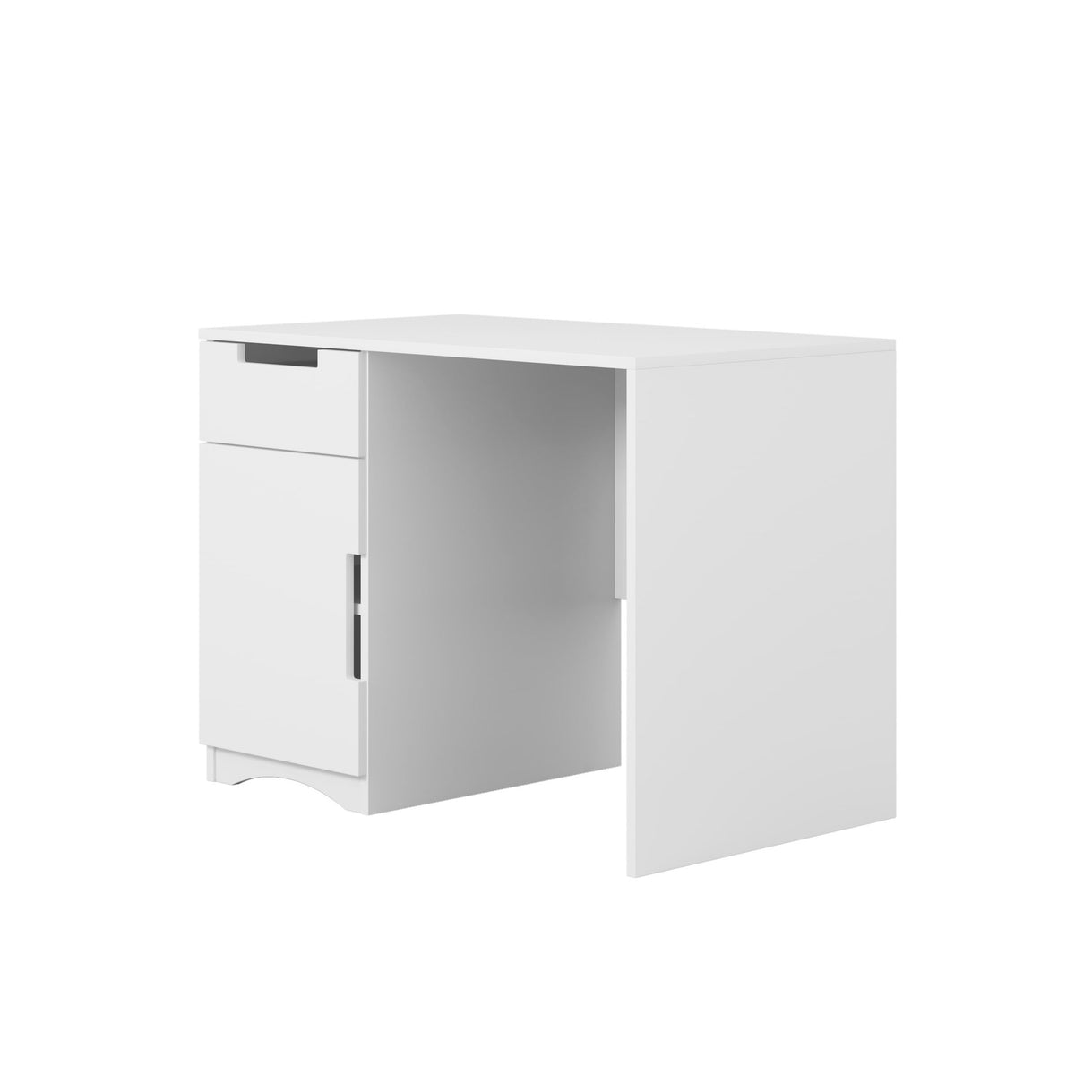 2. Angled view of white Kocot Kids desk with drawer and cabinet, studio background