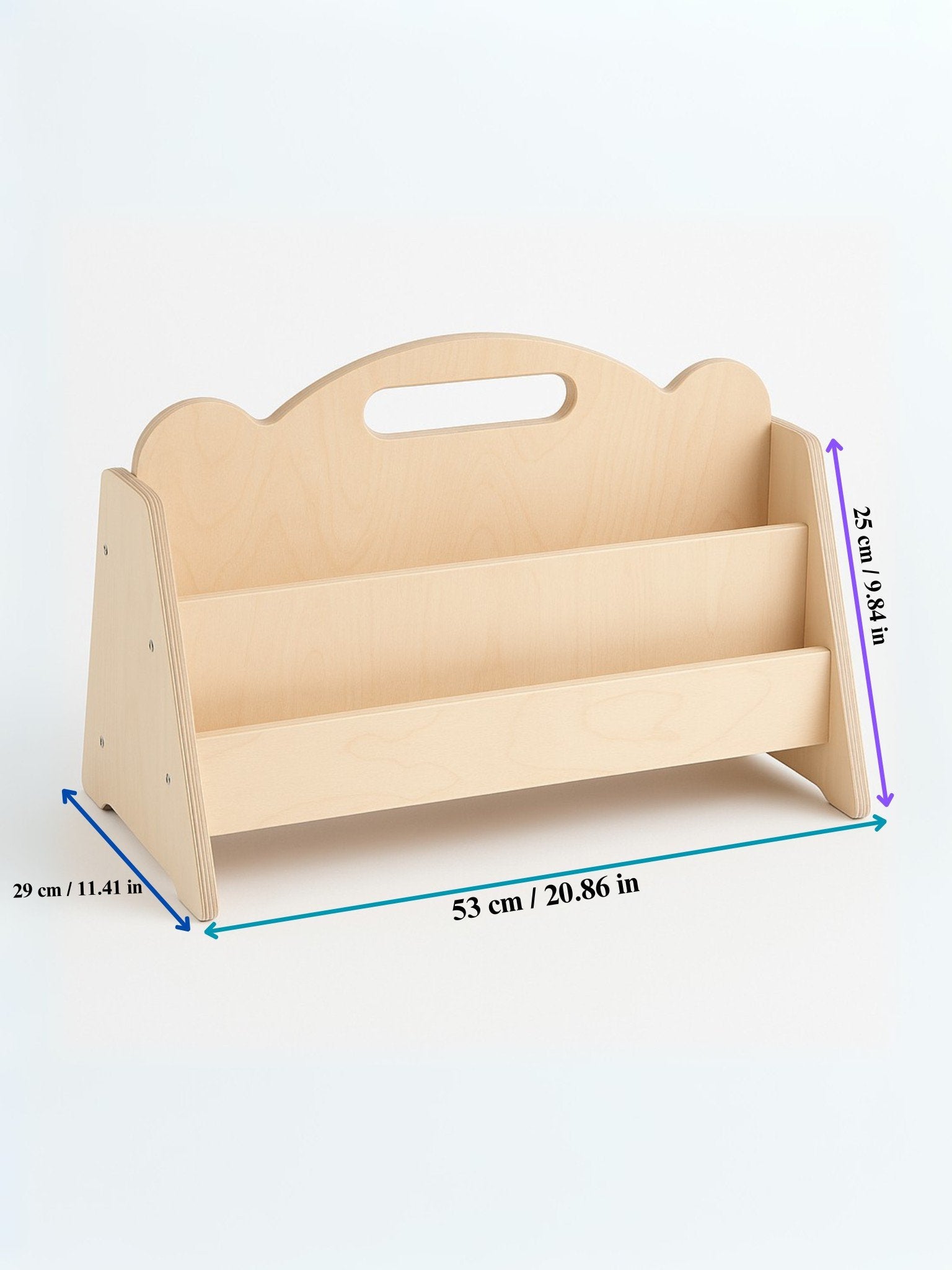 5. Size chart for Montessori double-sided wooden book display showing dimensions in centimeters and inches