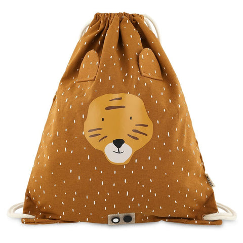 1. Trixie Baby Mr. Tiger drawstring bag with playful tiger face and floppy ears on brown fabric, ideal for children