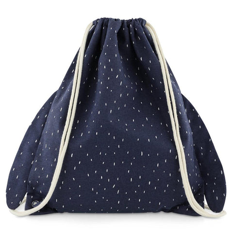 3. Back view of Trixie Baby's Mr. Penguin drawstring bag in navy with white speckles and white drawstrings