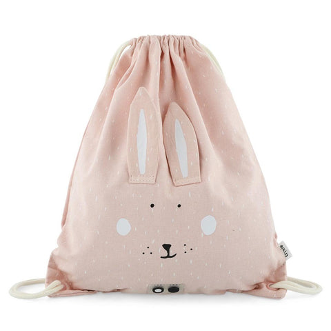 2. Pink drawstring bag with rabbit face and floppy ears design, shown in studio setting