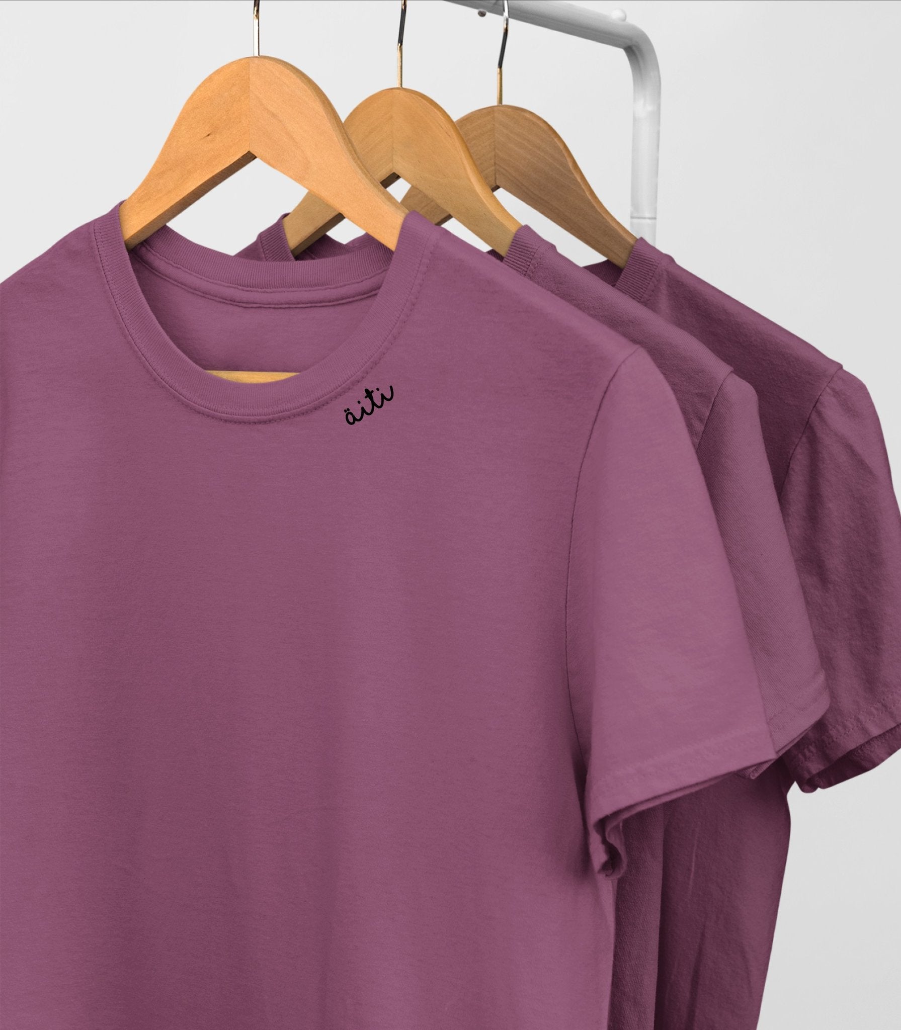 1. Trio of purple Beebila embroidered collar organic cotton t-shirts on hangers, showcasing unisex design