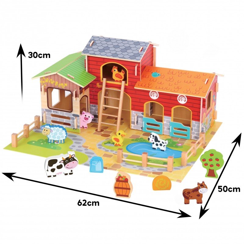 4. Flat lay of Woopie Green Mega Farm set with barn, stable, and animal figurines, showing dimensions 62x50x30 cm