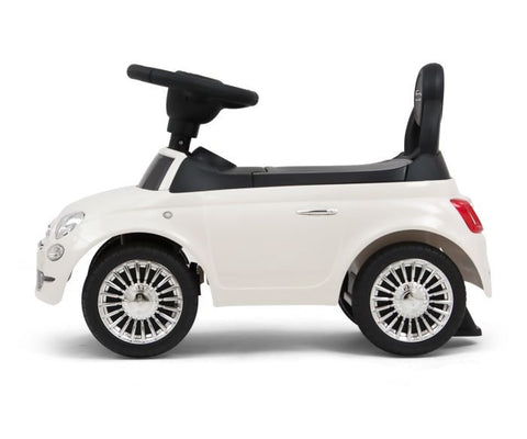 1. Side view of white Milly Mally ride-on Fiat 500 for kids with black seat and steering wheel
