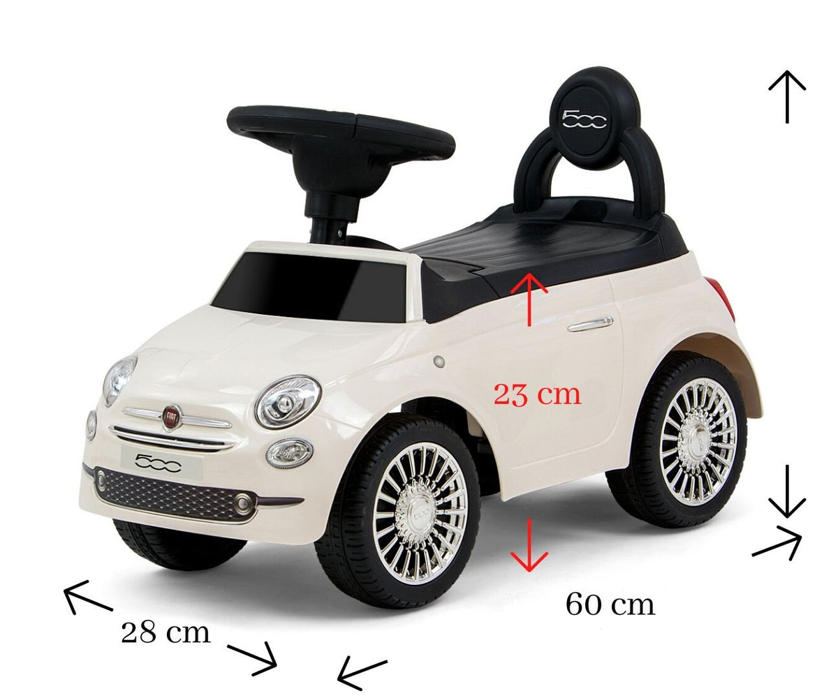 5. Size chart for Milly Mally ride-on Fiat 500 showing dimensions 28 cm width, 60 cm length, and 23 cm seat height
