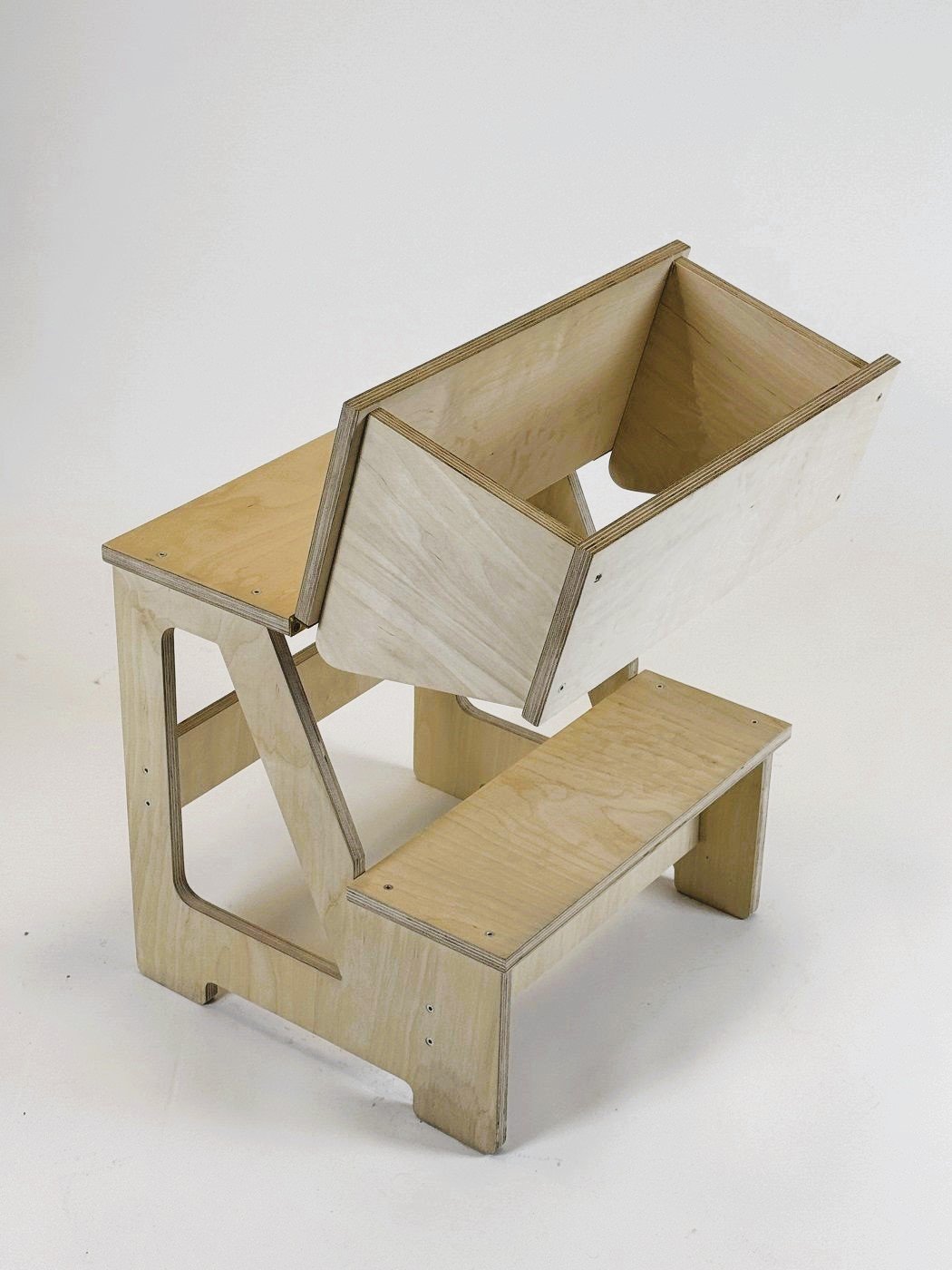2. Wooden folding seat and climbing helper in studio setting with backrest partially extended