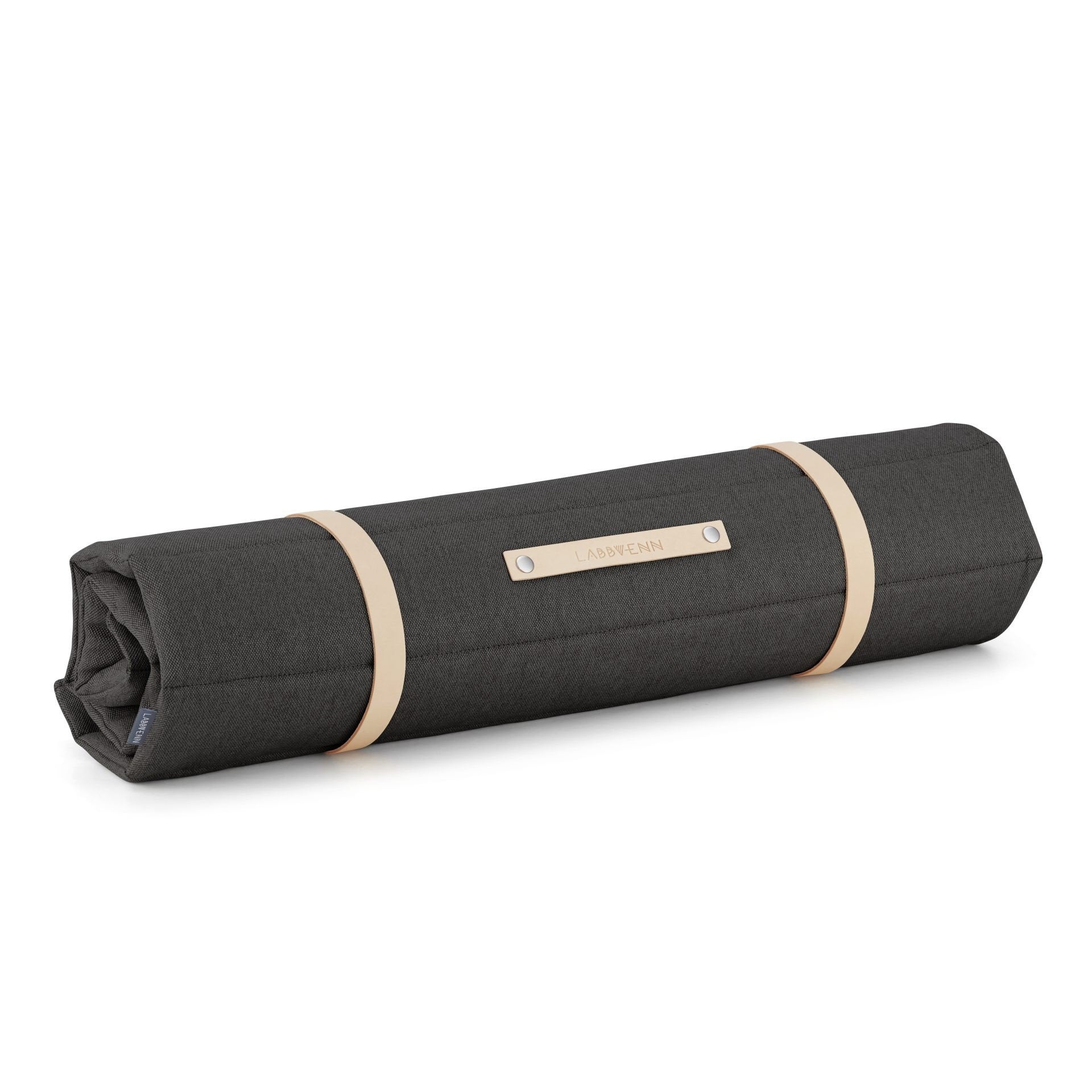 2. Anthracite dog travel mat by Labbvenn, rolled with beige leather straps, showing quilted texture and brand label, on white background