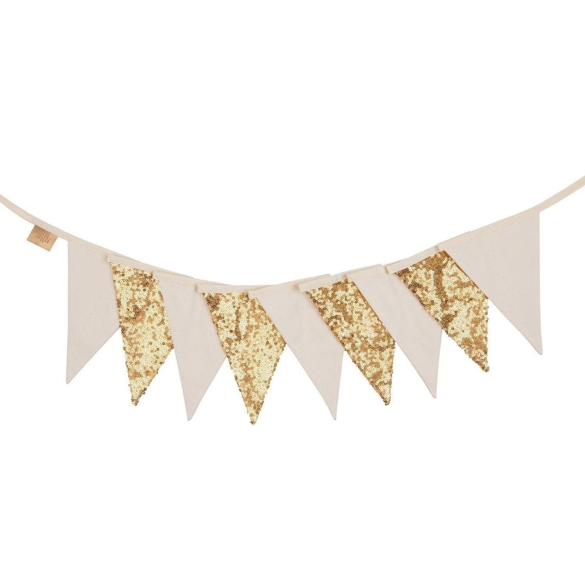 2. Studio product shot of gold and beige sequin garland with alternating pendants