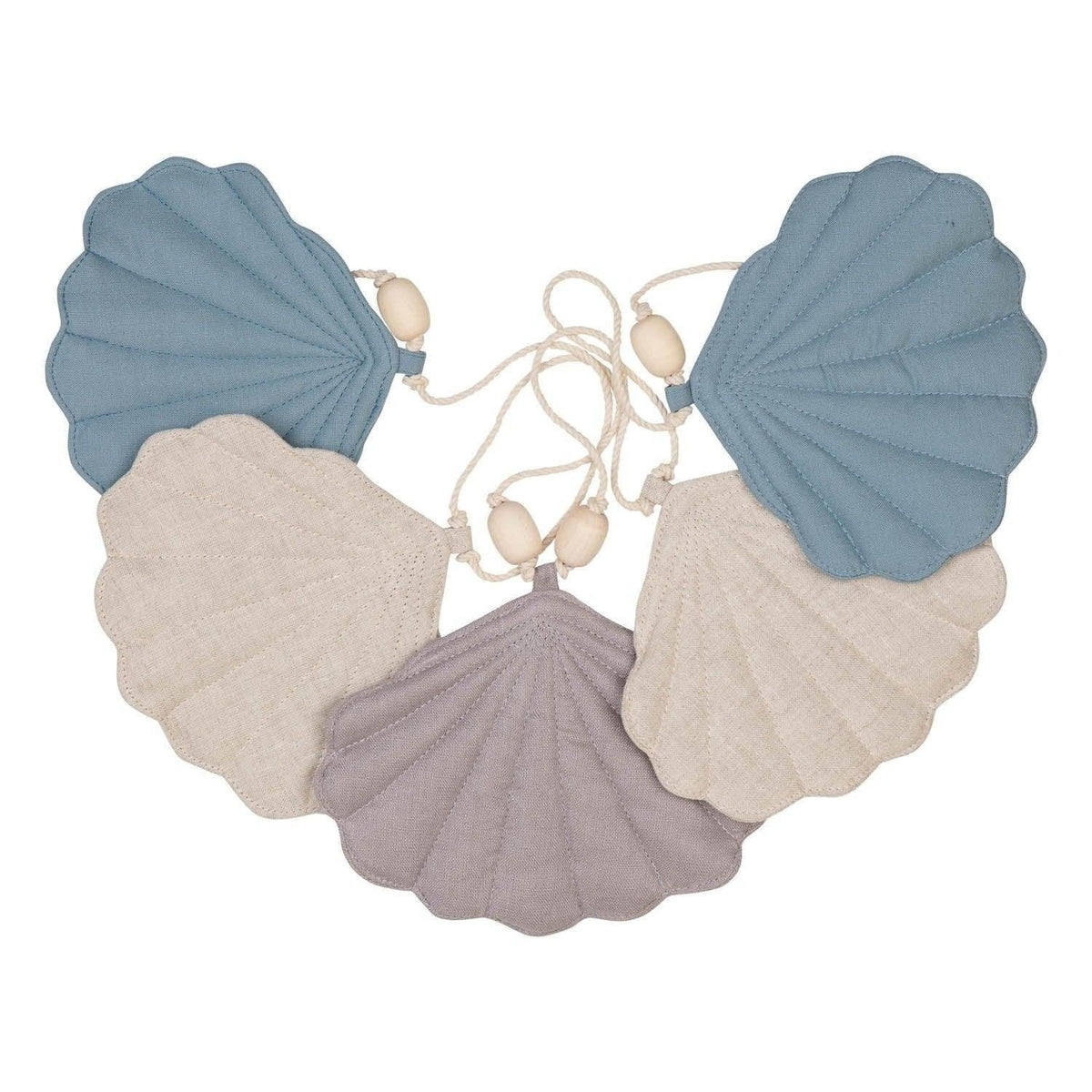 2. Studio shot of shell garland with five linen pendants in sky blue, grey, and desert sand on a cotton string with wooden beads