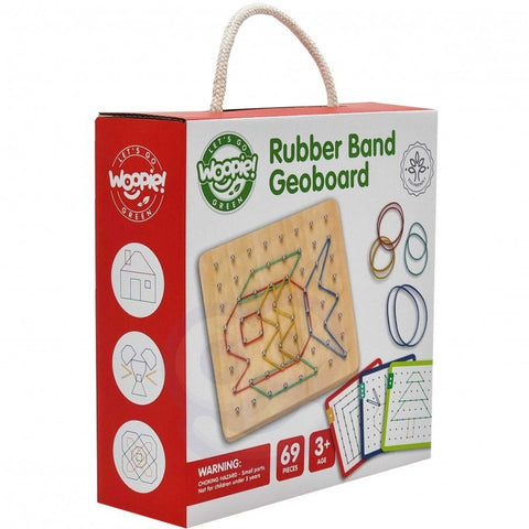 4. Woopie Green Geoplan packaging showing wooden board, rubber bands, and pattern cards