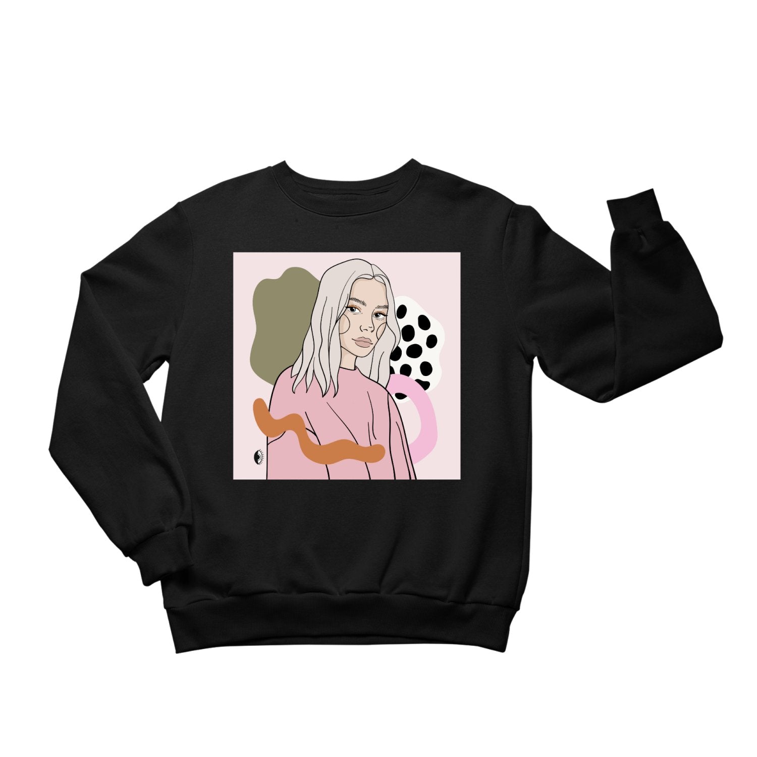 1. Unisex black crewneck sweatshirt with illustration by Getter Tiivits, featuring a unique artistic design, studio setting