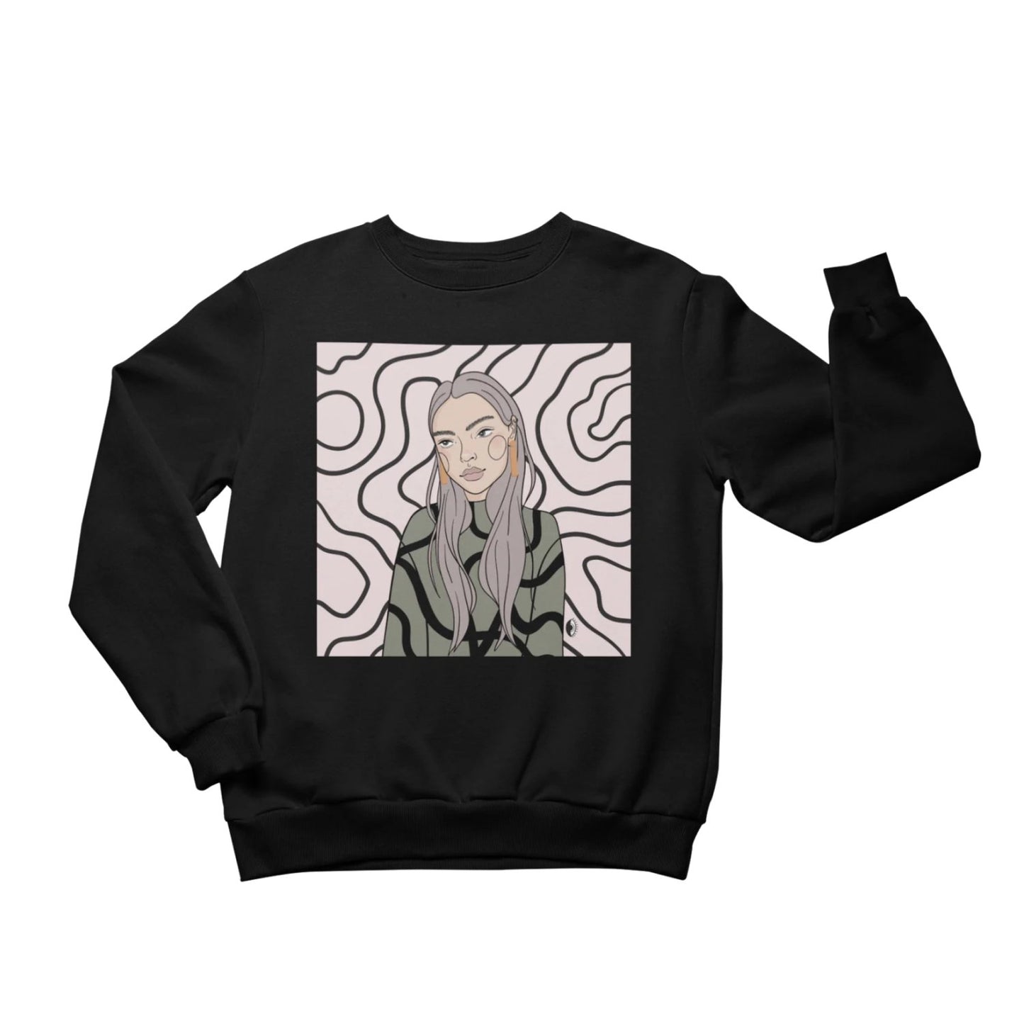 1. Unisex black crewneck sweatshirt with illustration by Getter Tiivits, studio setting