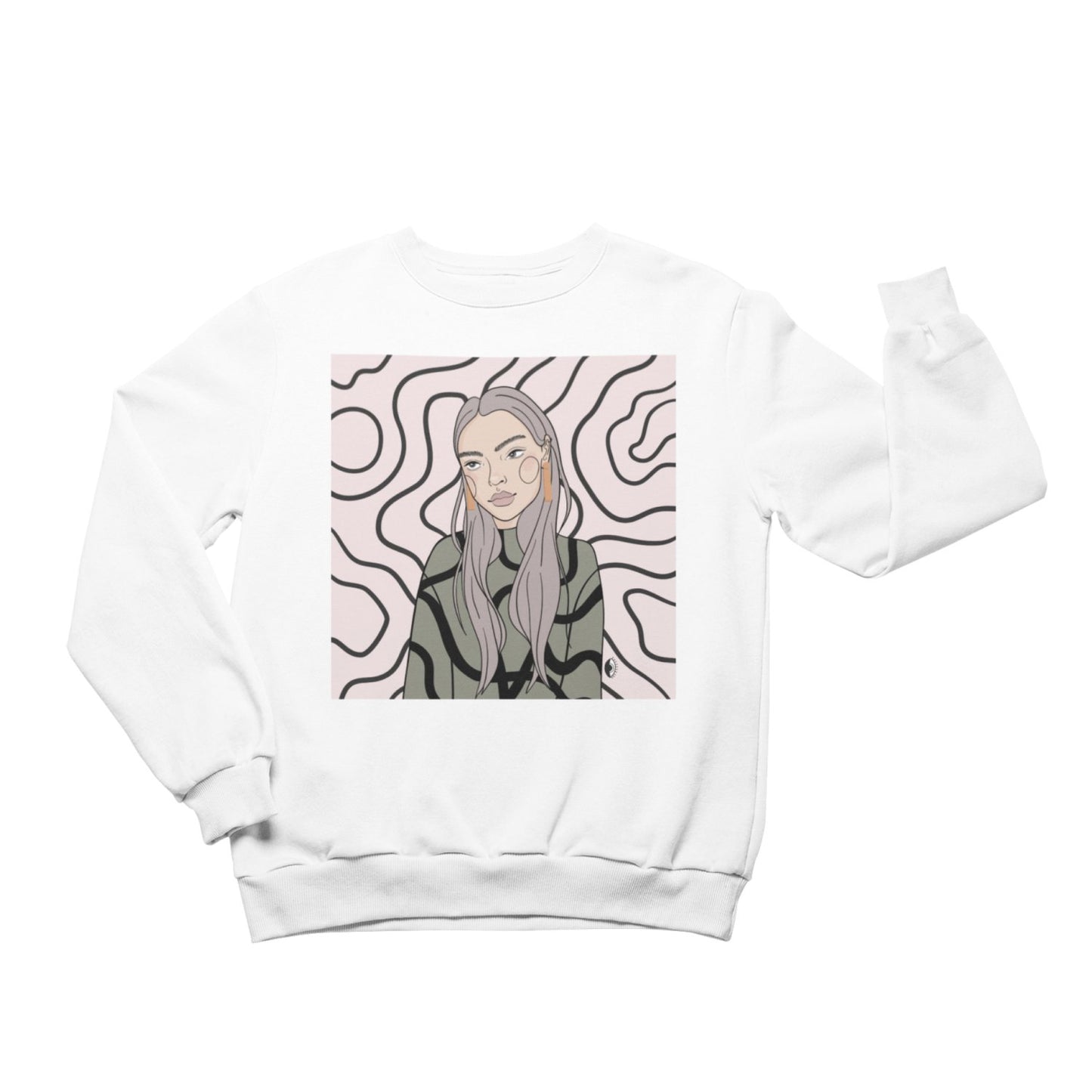 2. Unisex white crewneck sweatshirt featuring Getter Tiivits illustration, studio setting