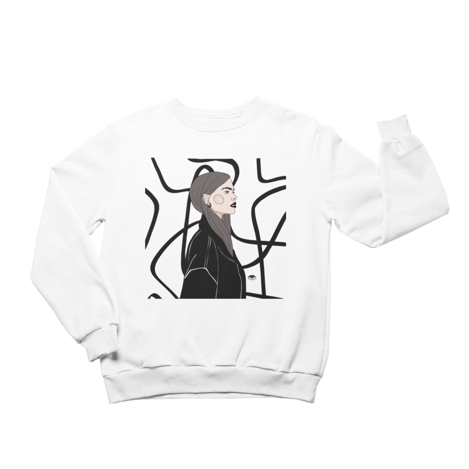 1. Unisex white crewneck sweatshirt with 'Free Falling' illustration by Getter Tiivits, studio setting